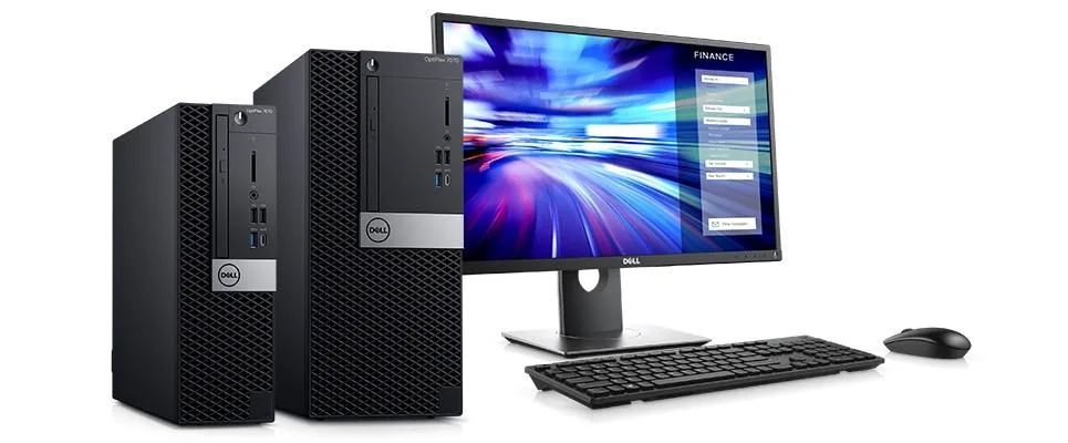 Dell OptiPlex 7070 small desktop tower with 24 inch monitor keyboard and mouse