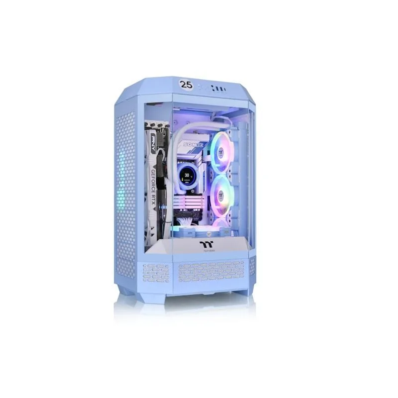 Thermaltake Tower 300 Hydrangea Blue tempered glass mid-tower with 360mm ARGB AIO visible