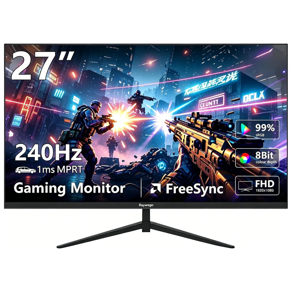 Flat black 27 inch gaming monitor with thin bezels and a simple stand
