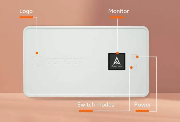 Compact Bitcoin ASIC miner in a small rectangular case with integrated power supply, random colour finish