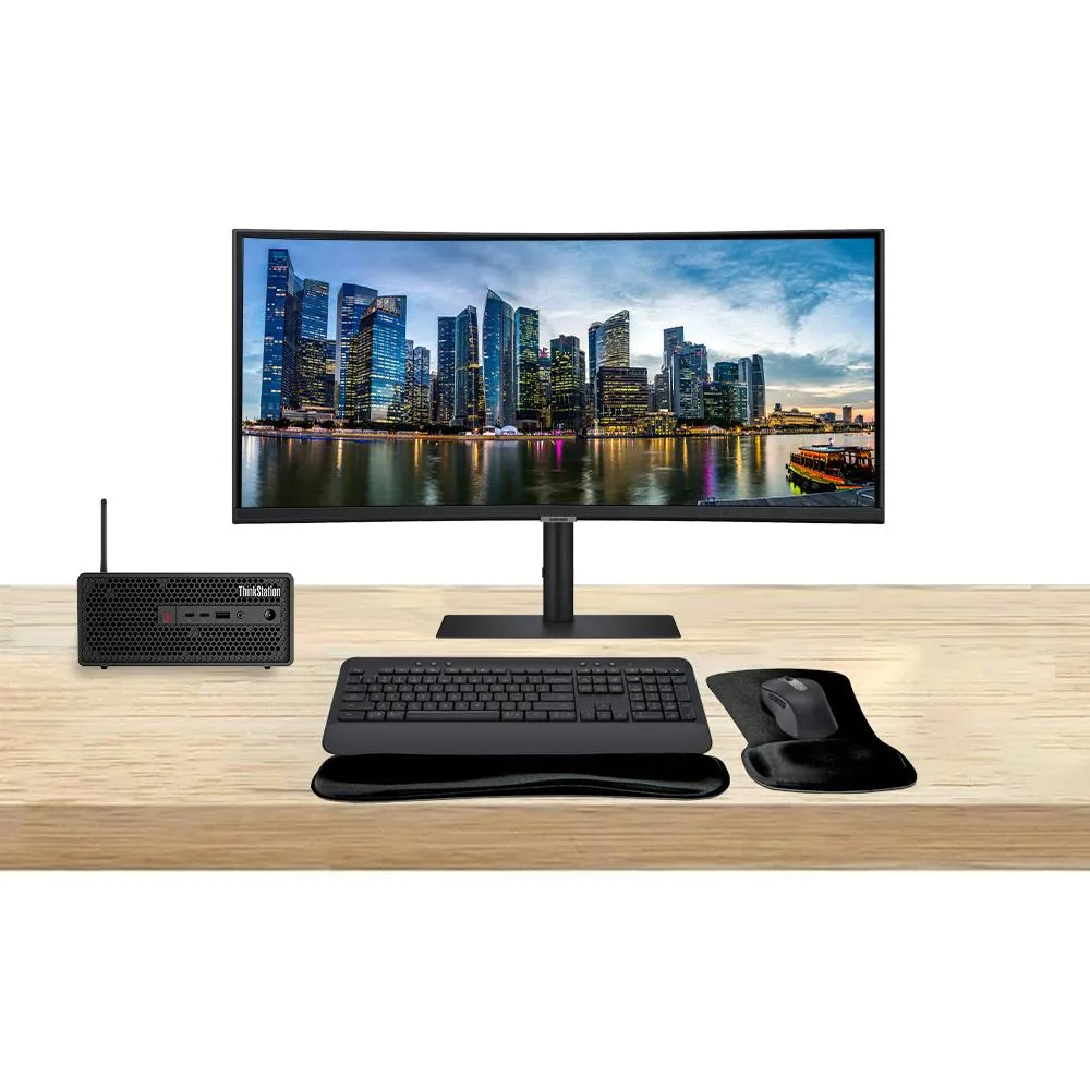 Lenovo Lenovo ThinkStation P3 SFF i7-14700K 64GB 1TB RTX A4000 16GB ViewFinity S95UC 49 5120x1440 MK650 desktop PC — termékfotó
