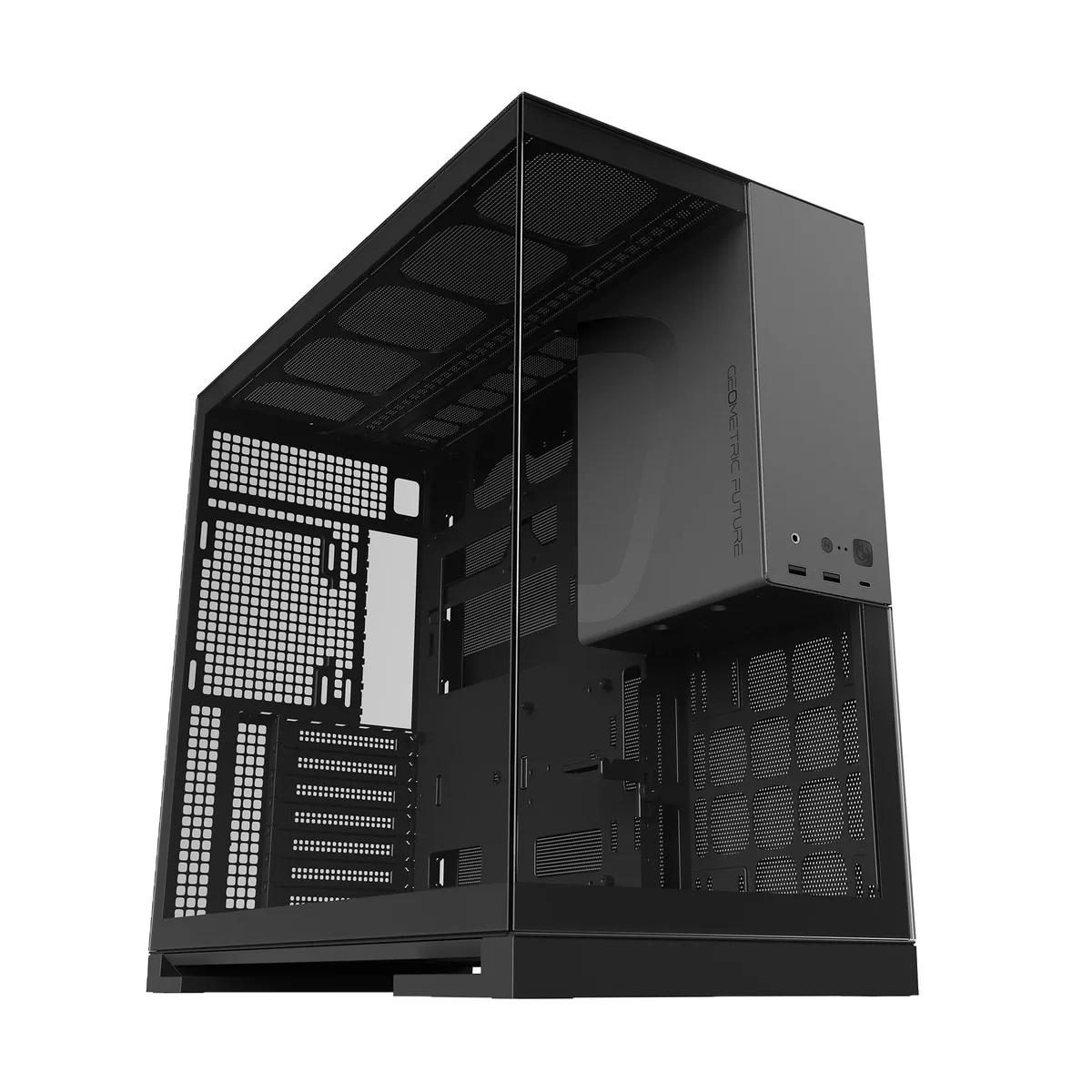 Black and grey mid-tower case with tempered glass side panel