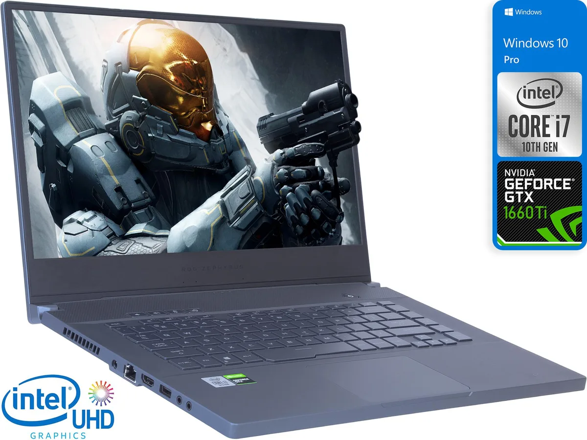 Graphite Gray gaming laptop, fifteen point six inch screen, zero point eight inches thick