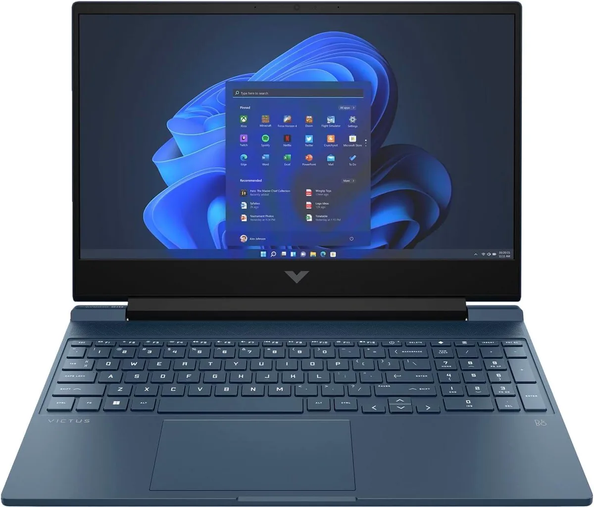 Blue gaming laptop, 15.6 inch matte screen, backlit keyboard, angular chassis