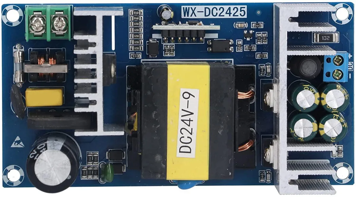 Green printed circuit board power module with corner mounting holes and exposed components