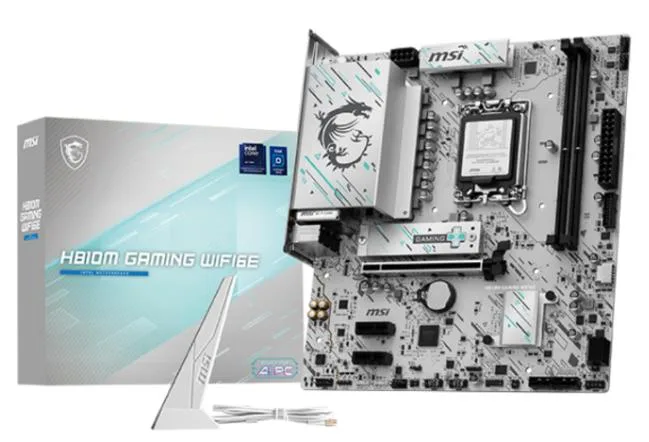 Silver micro-ATX board with teal geometric accents, LGA 1851 socket, dual DDR5 slots, PCIe 5.0 x16 slot, M.2 shield, USB 20G Type-C