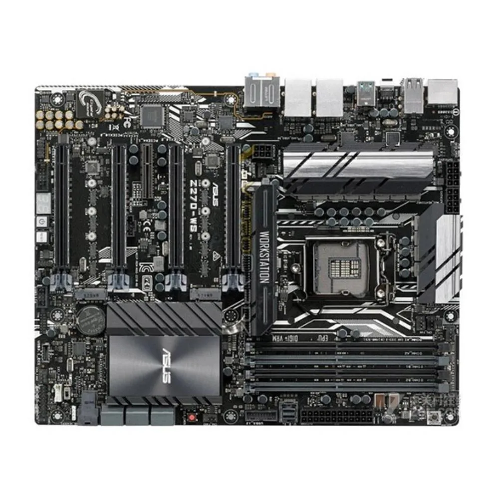 ATX motherboard, dark PCB, silver heatsinks, LGA 1151 socket, DDR4 slots