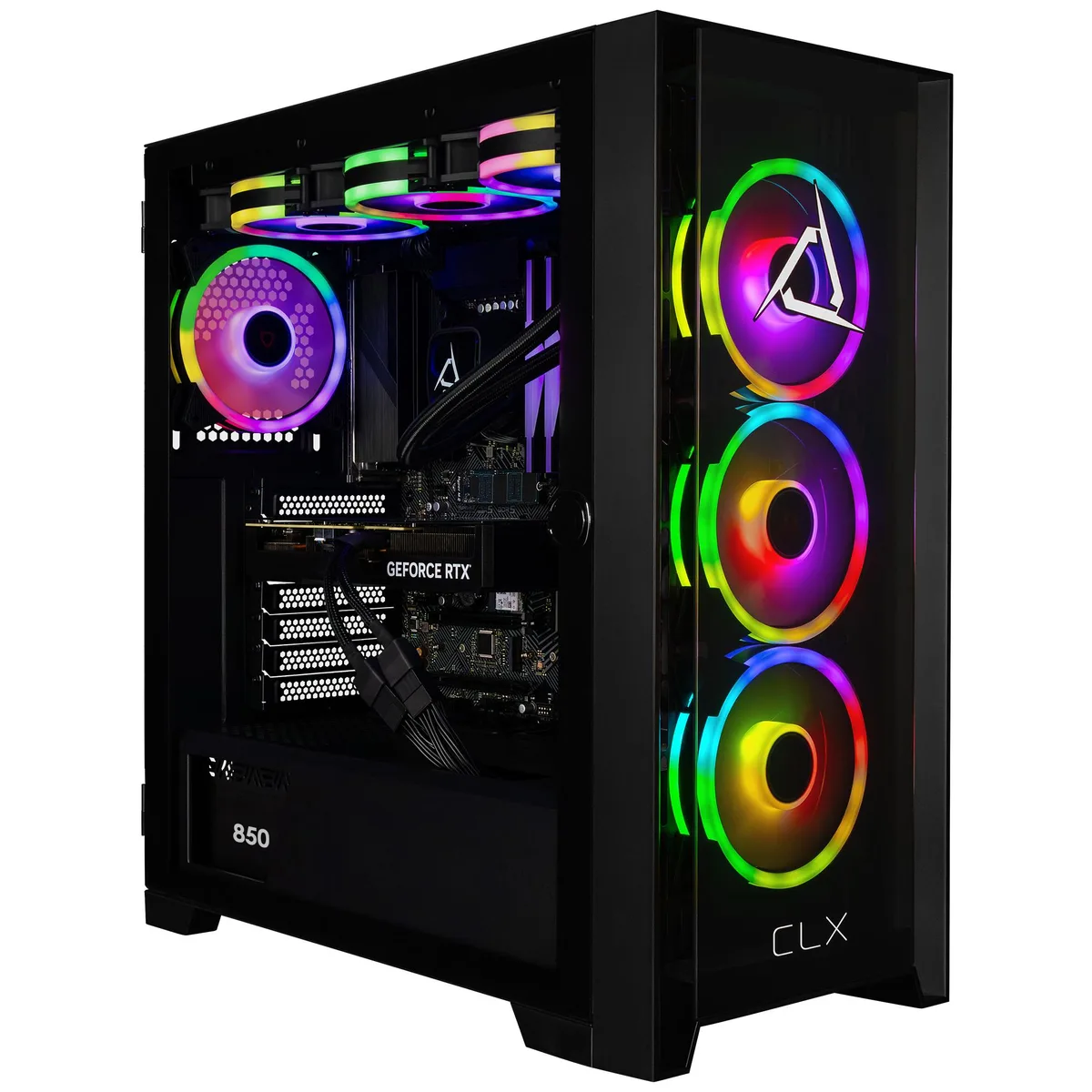 Black mid-tower gaming desktop with liquid-cooled CPU