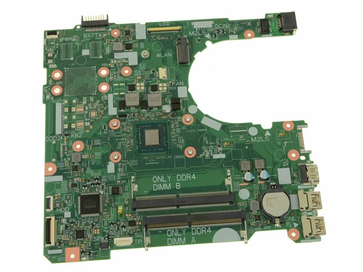 Green rectangular laptop motherboard with silver CPU socket and black heat sink