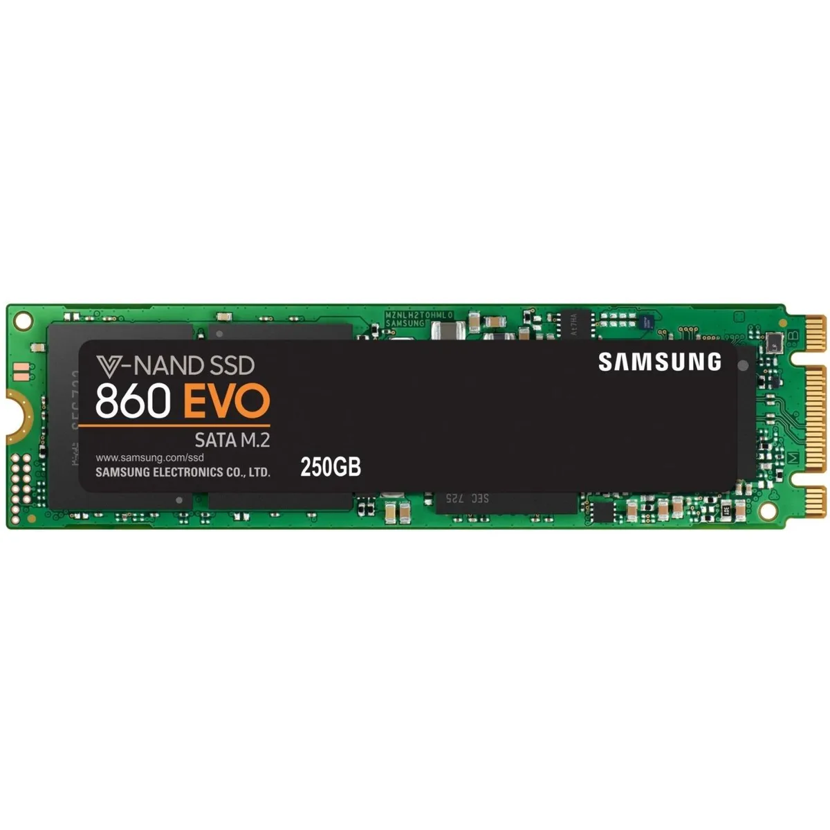 Small green circuit board M.2 2280 SSD with black label and gold edge connector