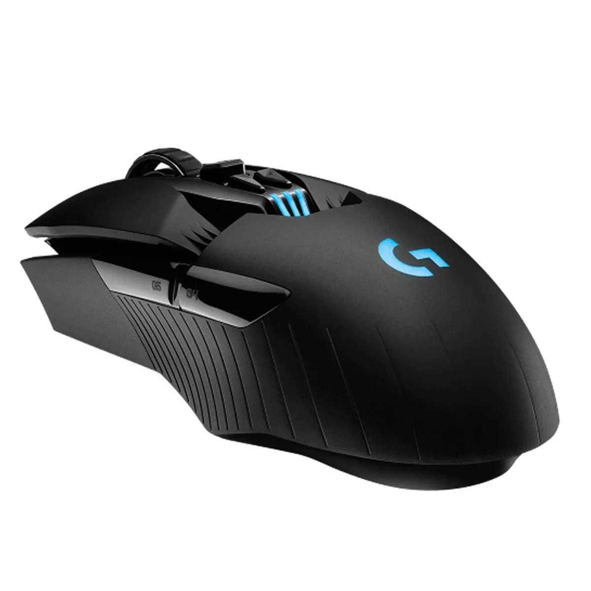Black ambidextrous wireless gaming mouse with removable side buttons and RGB lighting