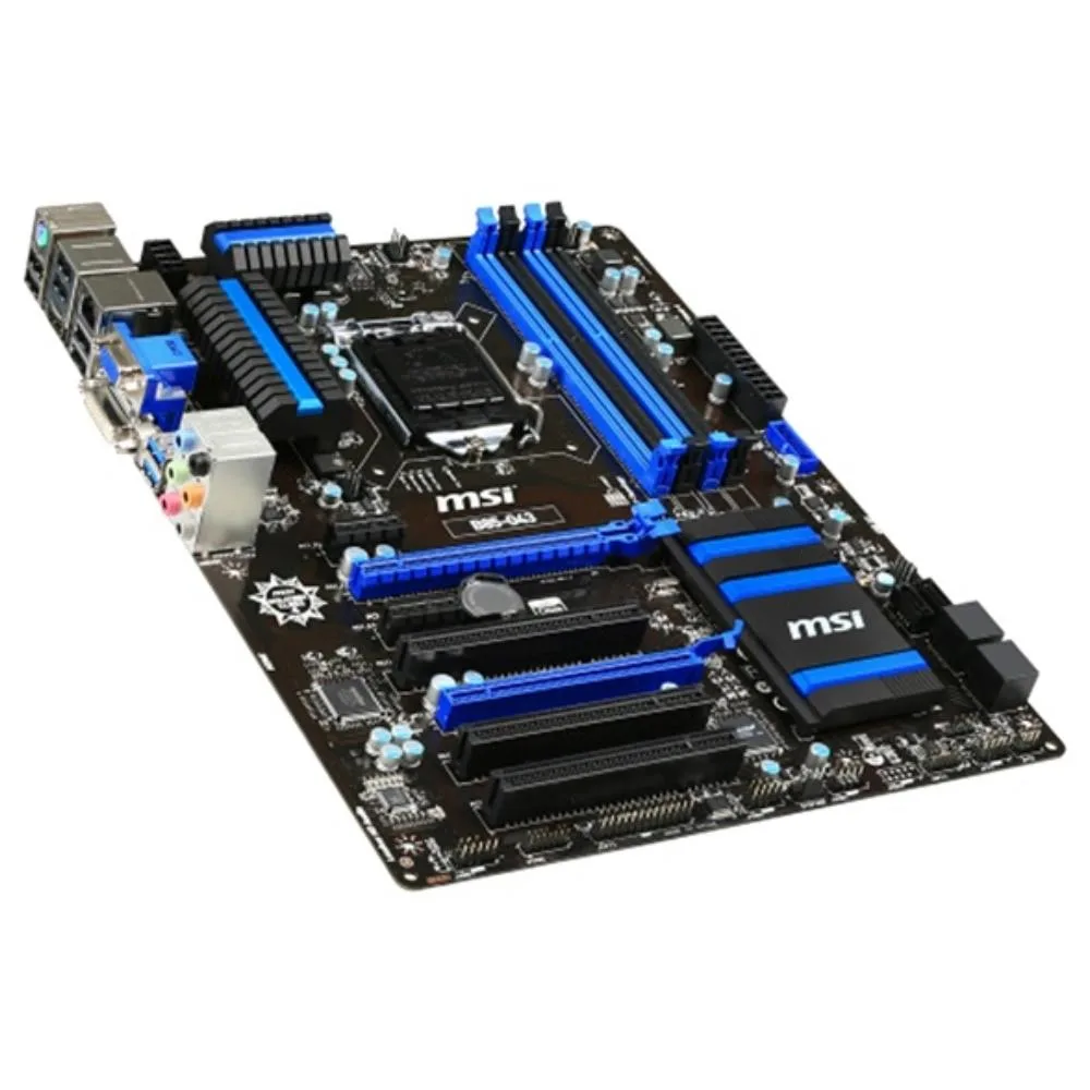 Rectangular ATX motherboard in dark green with black heatsinks, silver CPU socket and multiple expansion slots