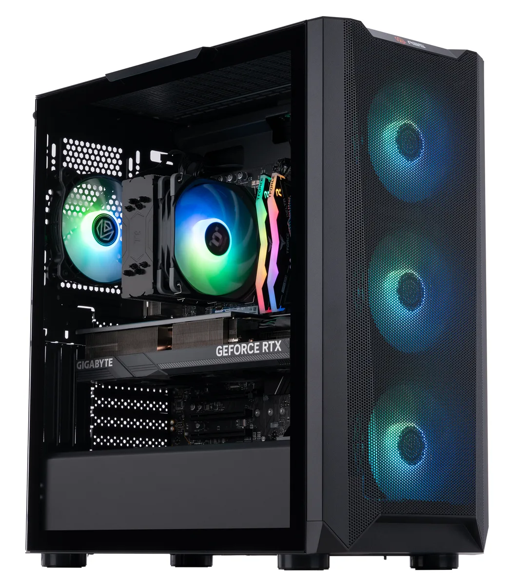 Black mid-tower gaming PC with RGB memory visible through side panel