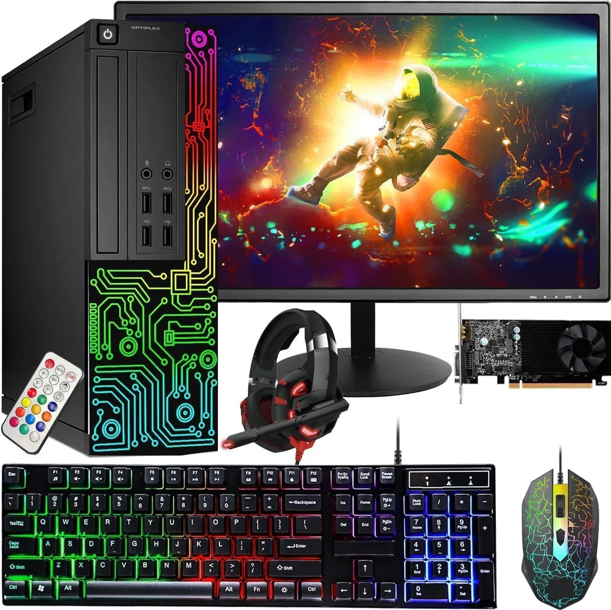Black Dell OptiPlex tower with RGB front panel, 24 inch monitor, keyboard, mouse and headset