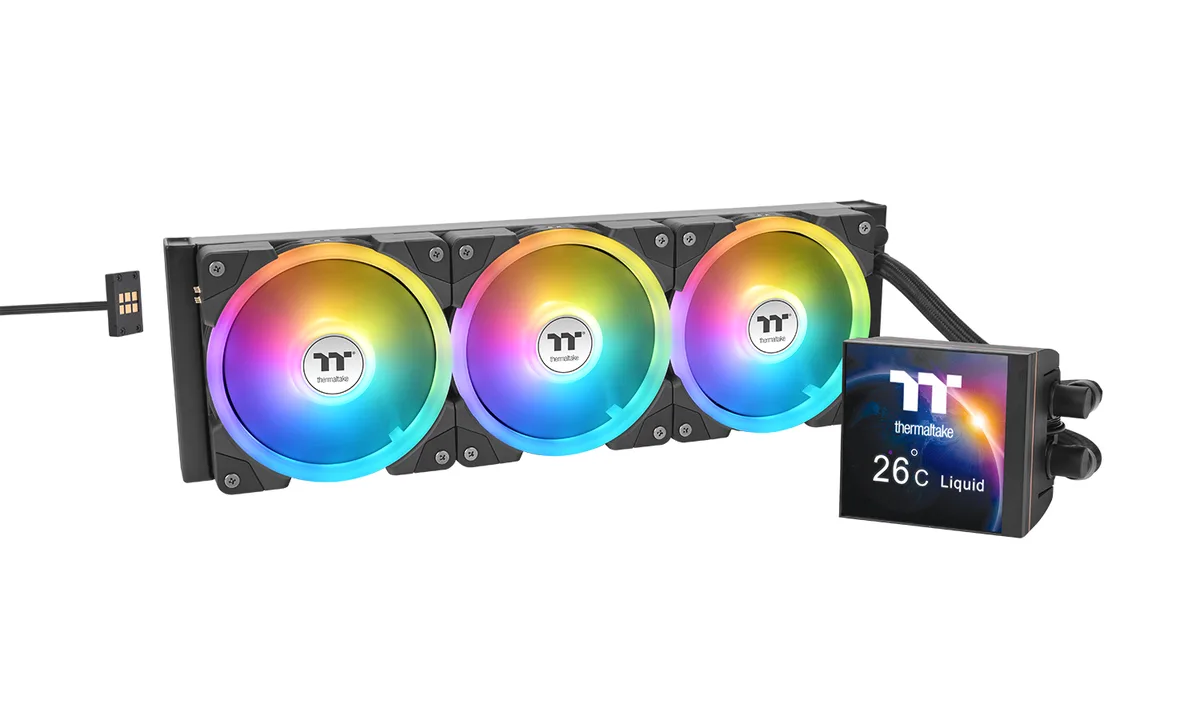 Black 360 mm AIO radiator with three 120 mm fans and square LCD on pump block
