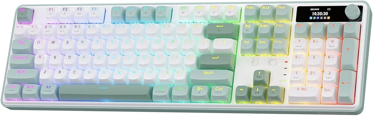 Full-size wireless keyboard in pale jade finish with small colour screen and side knob