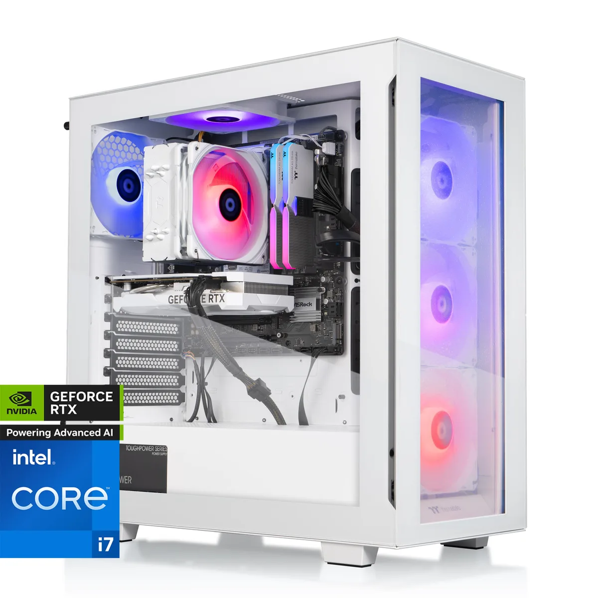 White mid-tower gaming PC with ARGB tower cooler visible through glass side panel