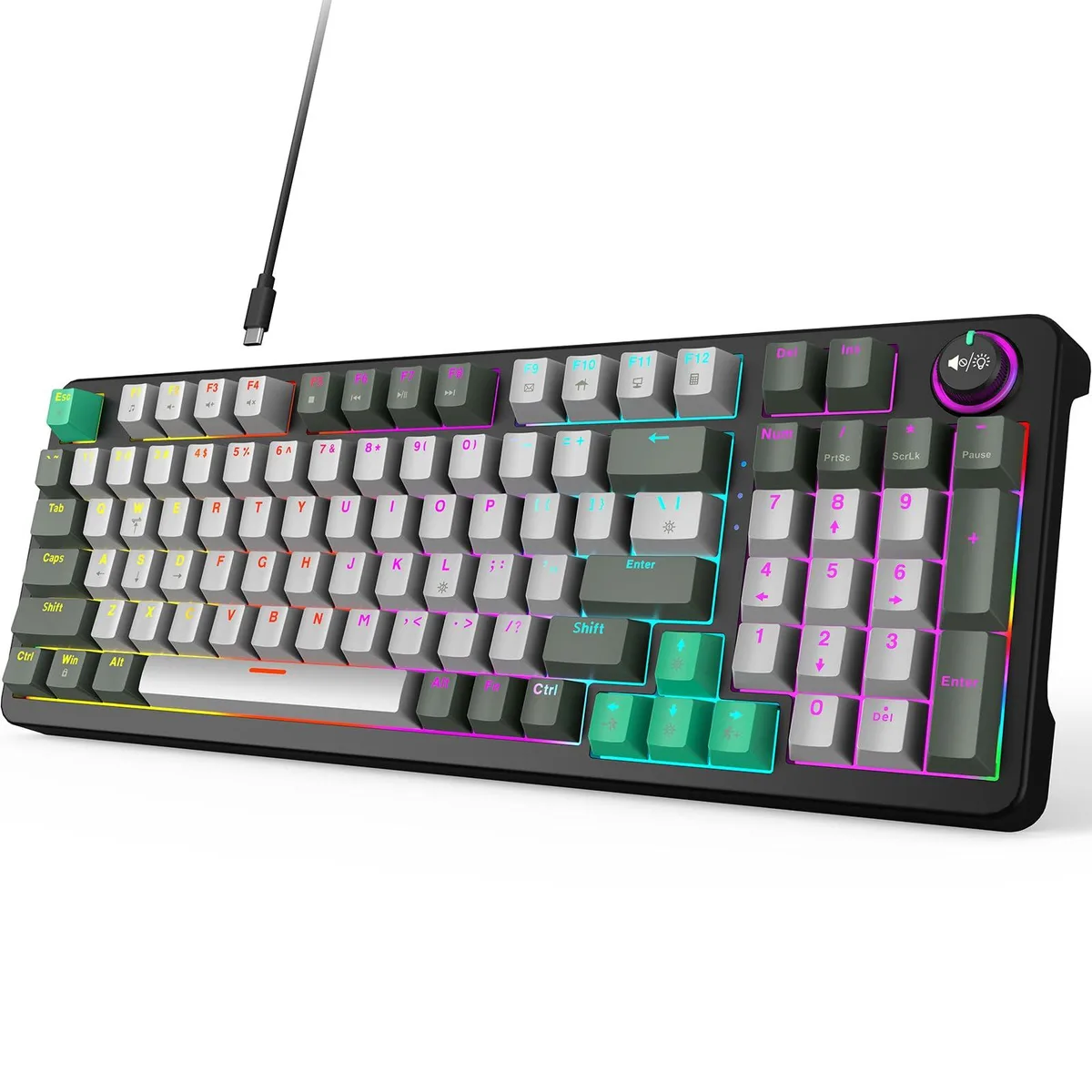 Gray and black full-size mechanical keyboard with side lighting and a control knob
