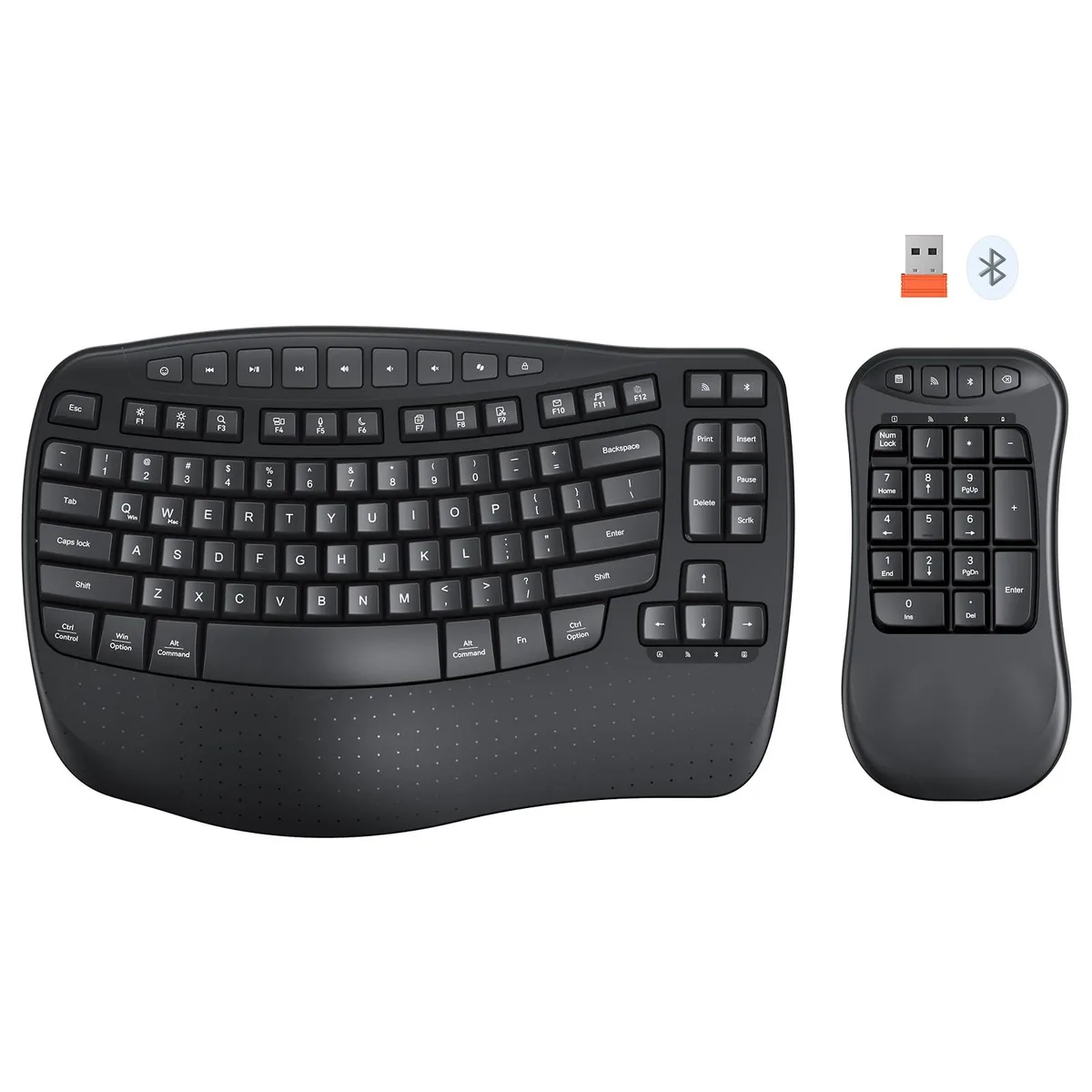Black split ergonomic keyboard with detachable numeric keypad and curved wrist rest