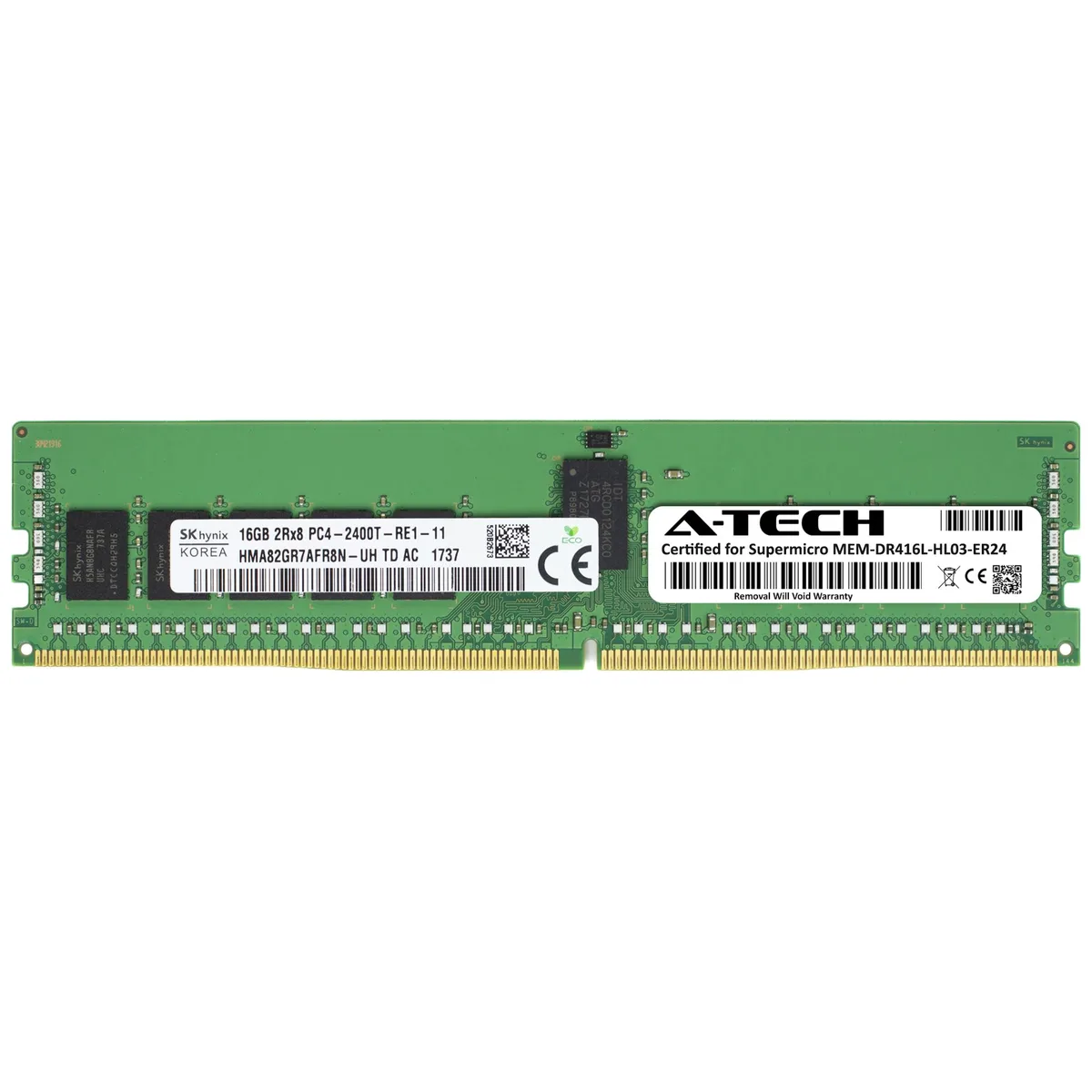 A green 288-pin DDR4 RDIMM module with black chips and a white label