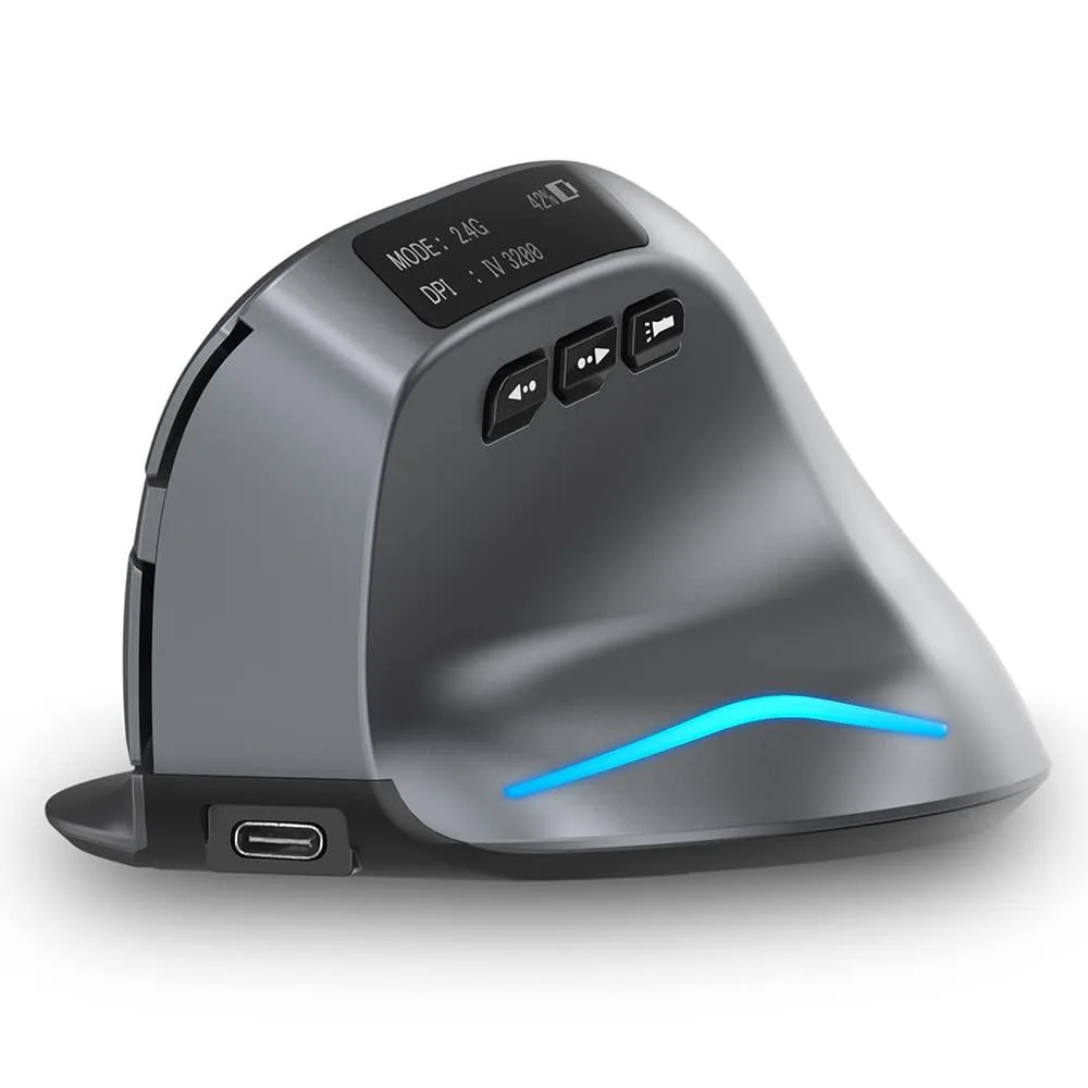 Black vertical gaming mouse with built-in display and LED lighting