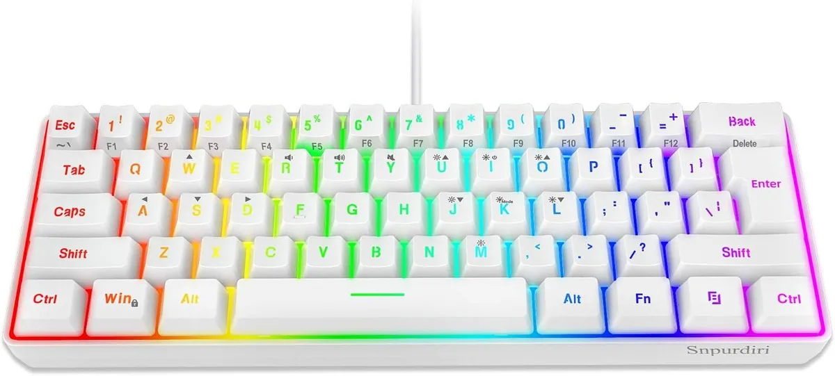 White compact 60% wired gaming keyboard with 61 keys and RGB backlighting