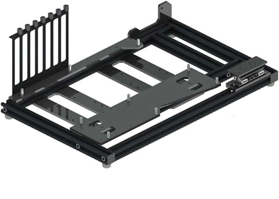 Open aluminium test-bench frame with acrylic panels, front USB and audio ports