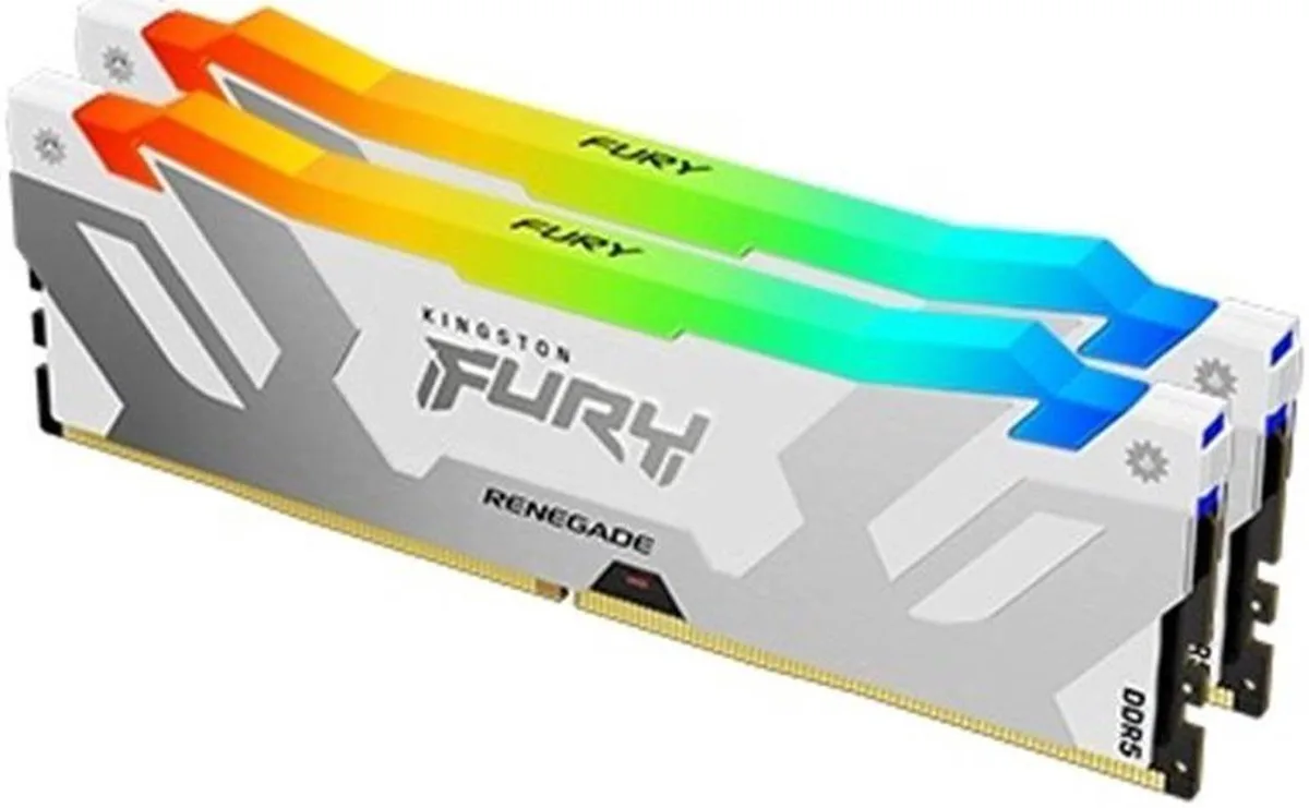 Two white DDR5 DIMMs with RGB lighting