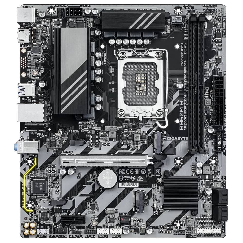 A dark rectangular mATX motherboard with silver LGA 1851 socket, two black DDR5 slots, two M.2 heatsinks