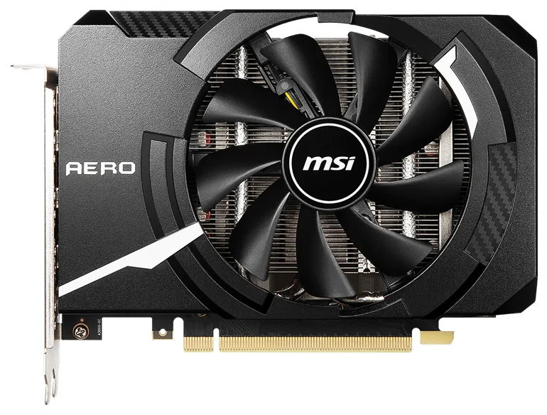 Compact graphics card with single fan cooler, matte black finish, low-profile bracket