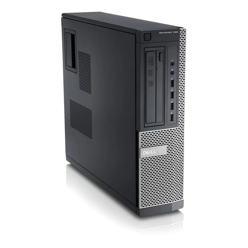 Black and silver Dell OptiPlex 790 desktop tower with DVD drive and USB keyboard and mouse