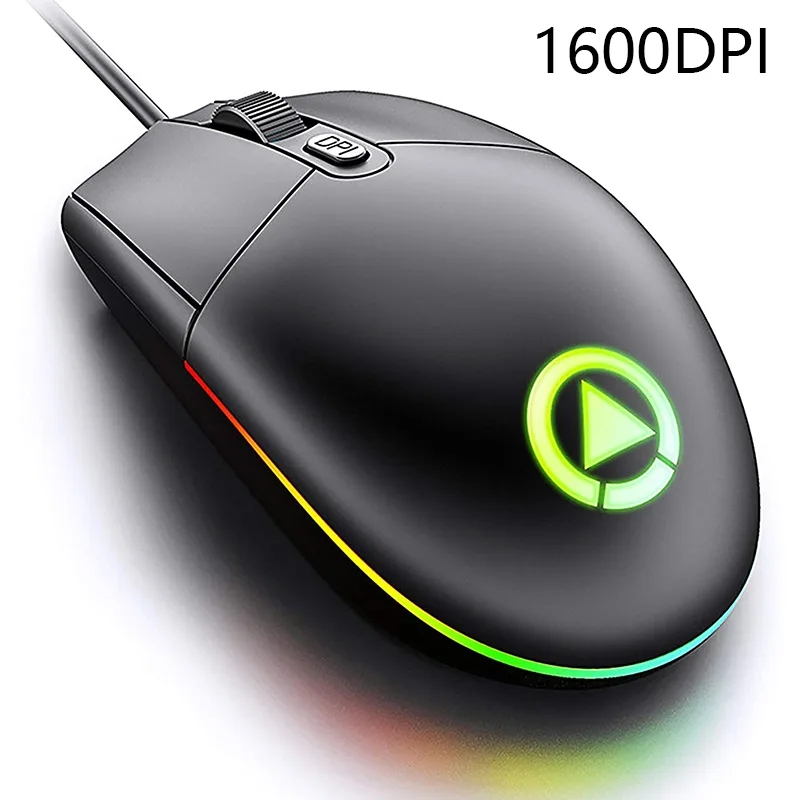 Black wired gaming mouse with ergonomic ambidextrous shape and four buttons