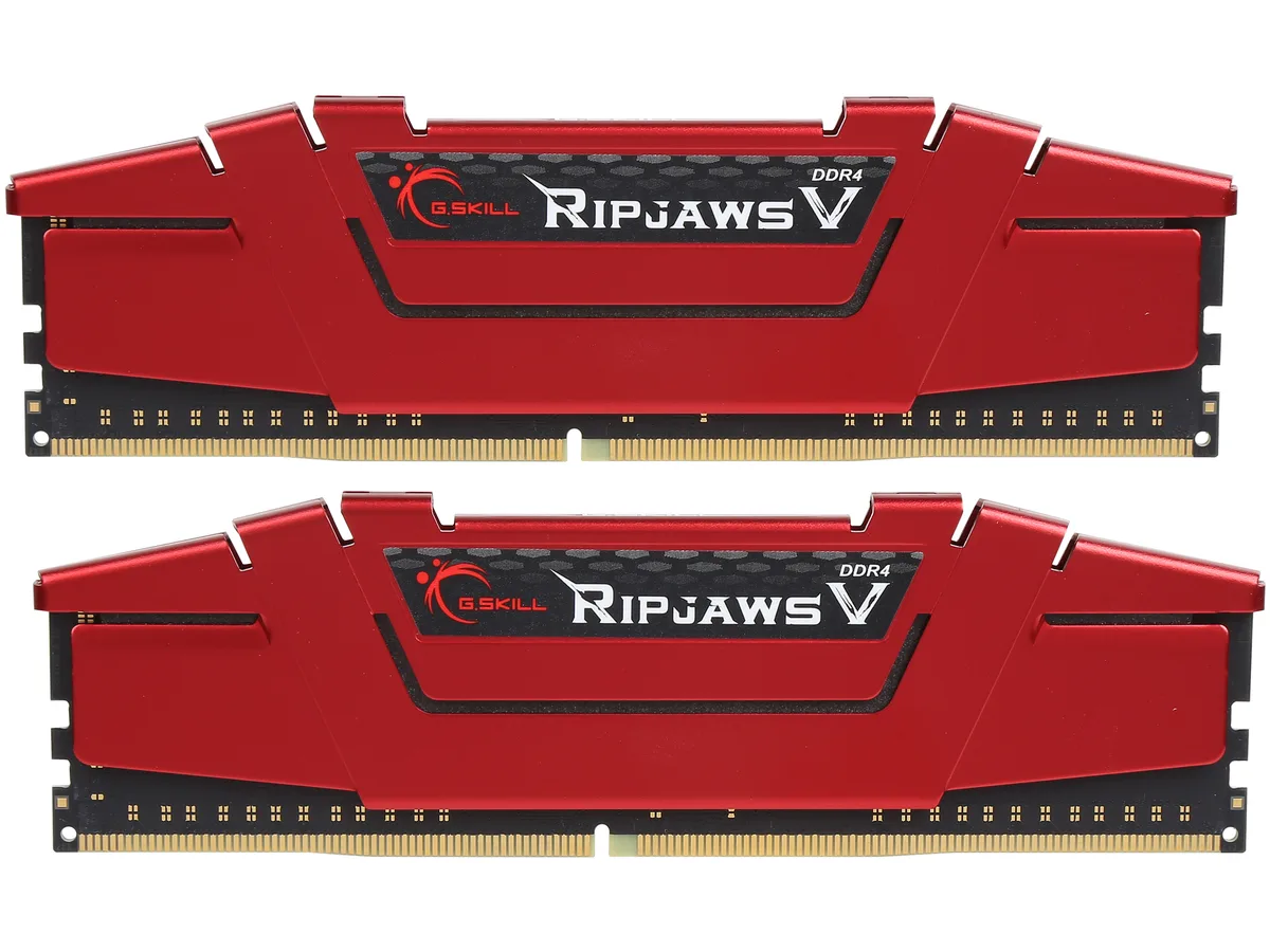 Two red aluminum heatspreaders on black DDR4 modules, 42mm tall, dual-channel kit