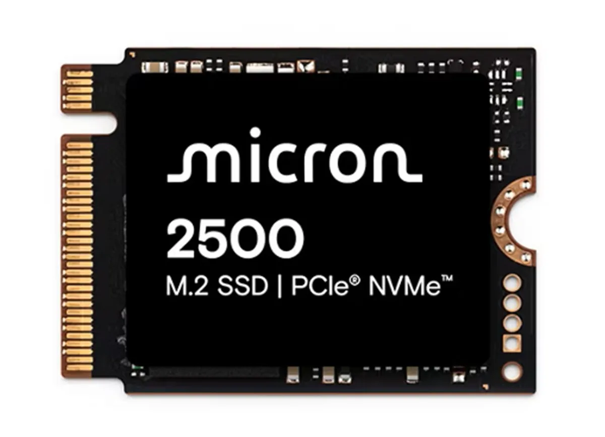 Micron 2500 2TB M.2 2230 enterprise SSD, green circuit board with black controller and silver label