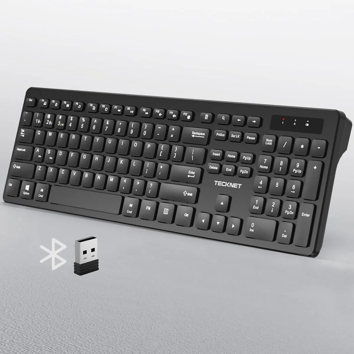 Black full-size wireless keyboard with number pad and adjustable feet