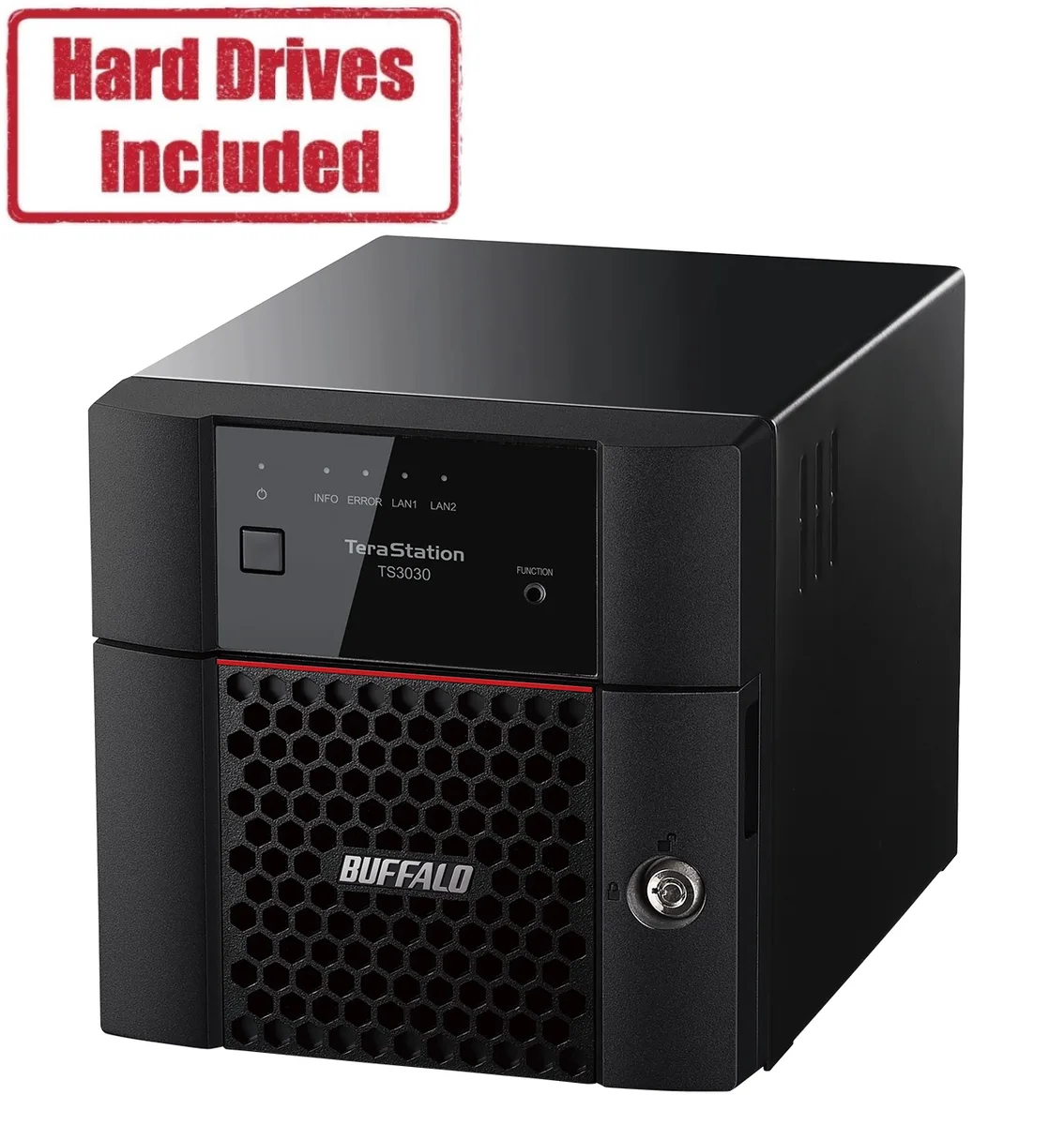 Rectangular black desktop NAS with two drive bays and front status LEDs