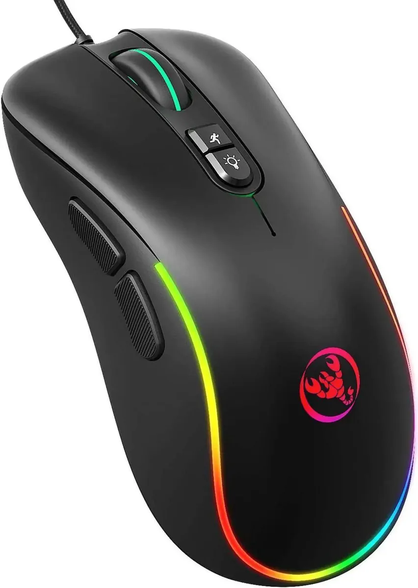 Vszerda wired gaming mouse, ergonomic shape, matte black finish, RGB lighting, seven programmable buttons, braided cable