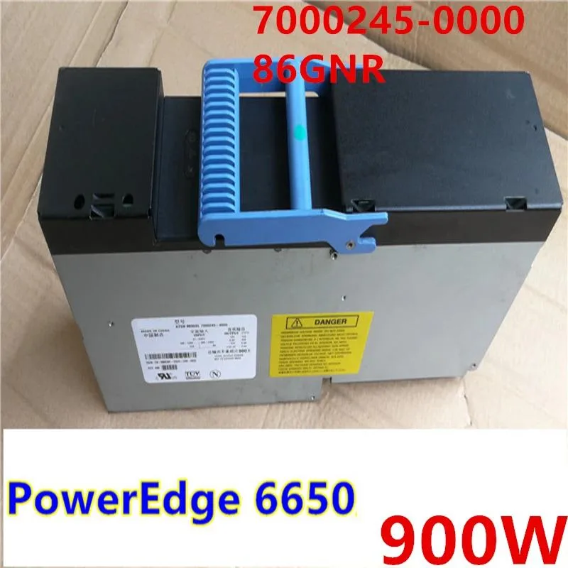 Rectangular black metal power supply unit with label and fan grille