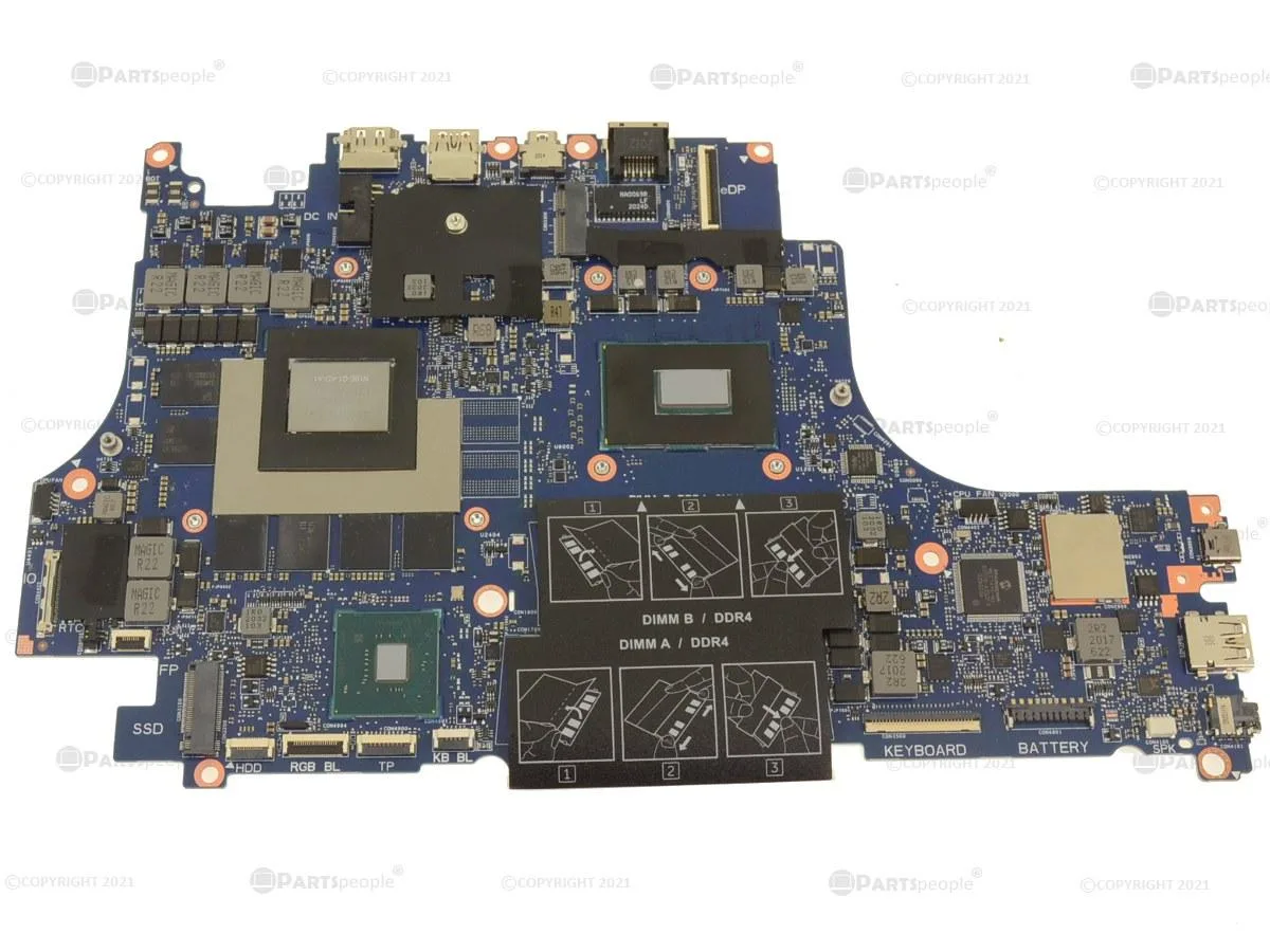 Green Dell laptop motherboard with silver heatsinks and integrated RTX 2060 graphics