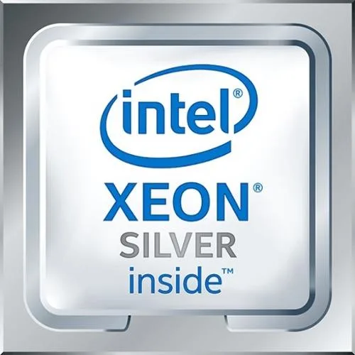 Silver rectangular processor with gold contact pads and green substrate, labeled Xeon Silver 4116