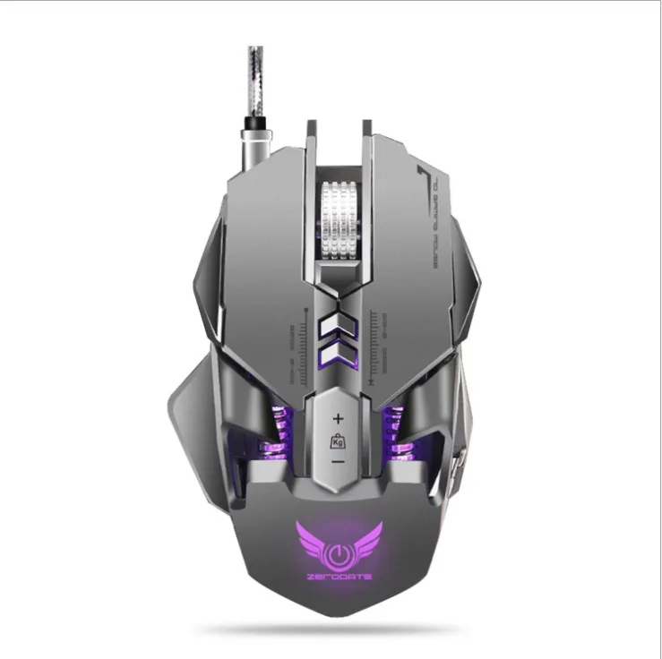 Grey right-handed gaming mouse with seven buttons and LED lighting