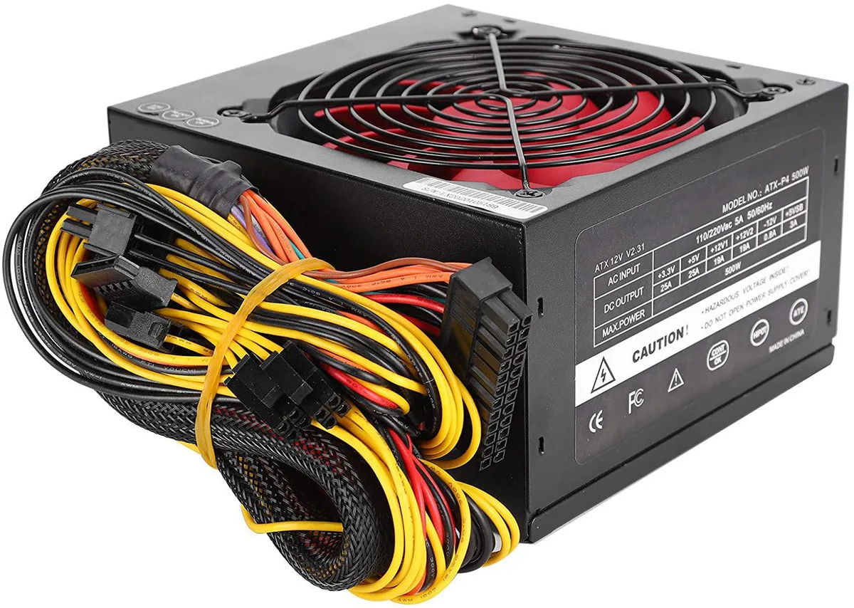 Rectangular metal power supply unit with side-mounted fan, matte finish, visible connector labels