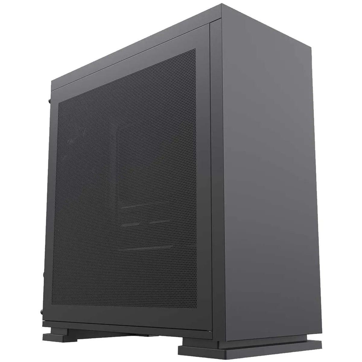 Black micro-tower desktop PC with front USB ports and audio jack