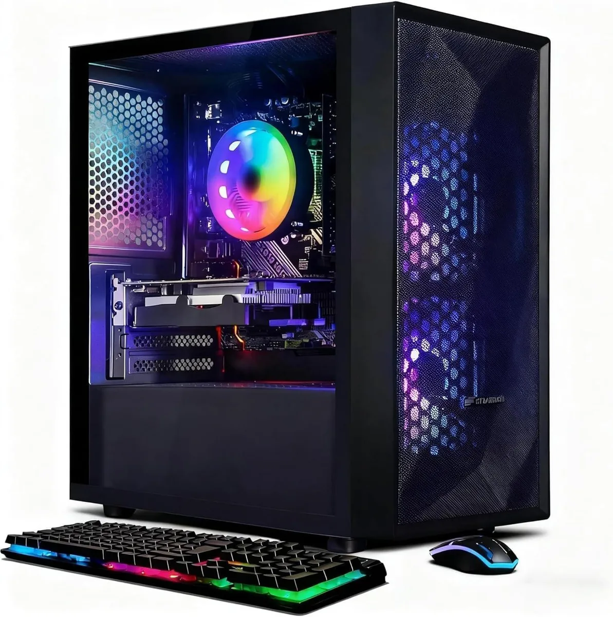 Black tower gaming desktop with two RGB fans visible through the side panel