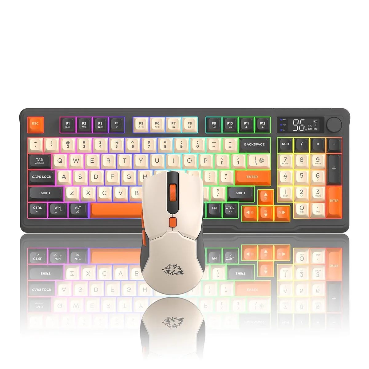Black wireless keyboard with 104 keys and smart display knob beside matching mouse