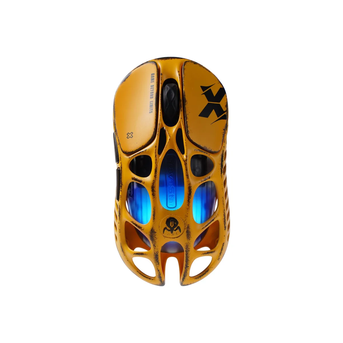 Yellow magnesium alloy gaming mouse with hollow skeleton design, lightweight build, RGB lighting and five buttons
