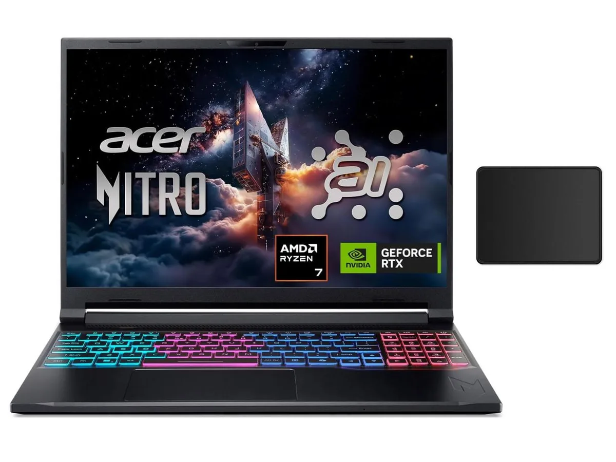 Black 16 inch gaming laptop with backlit keyboard and matte finish