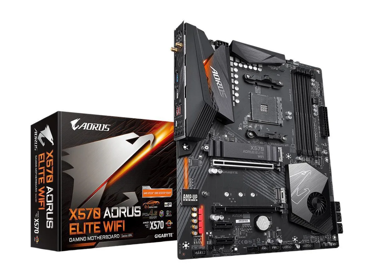 ATX motherboard in dark finish with large heatsinks and RGB lighting