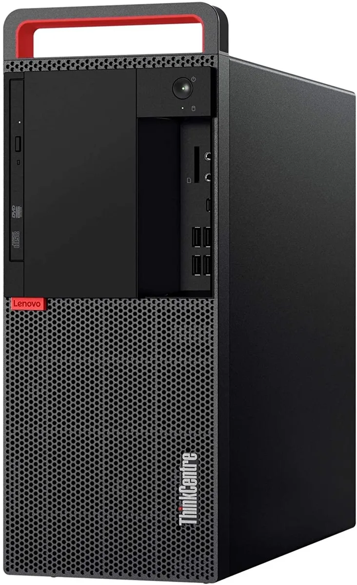 Black tower desktop computer, matte finish, front USB ports and power button