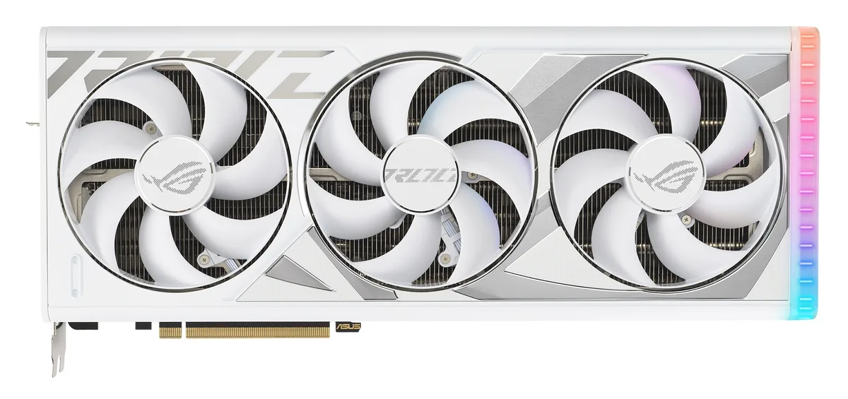 White triple-fan graphics card with vented backplate, 3.5-slot form factor
